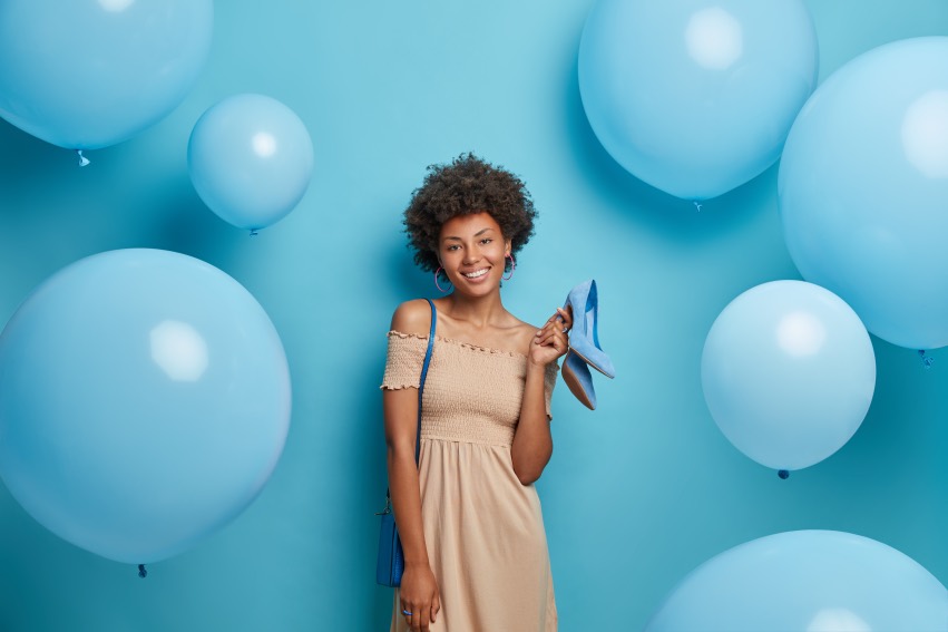 Launch Offer Concept Woman Elegant Blue Balloons Shoes