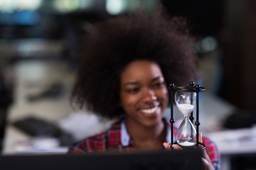 Young Woman Office Hour Glass Productivity Time Management Concept