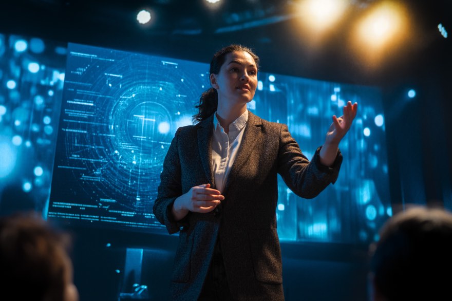 Woman Speaking on Stage Keynote Speaker Tech Technology Digital Transformation