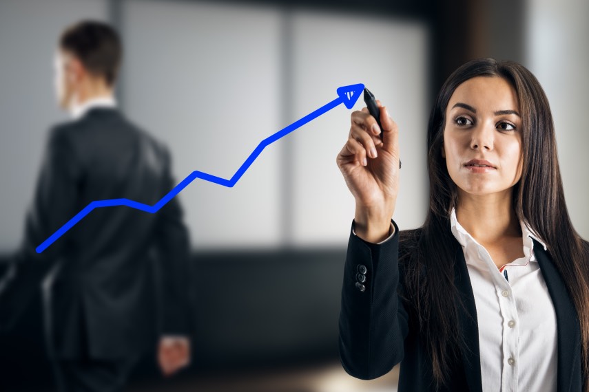 Business Growth Woman Drawing Blue Line Graph Chart Transparent Screen