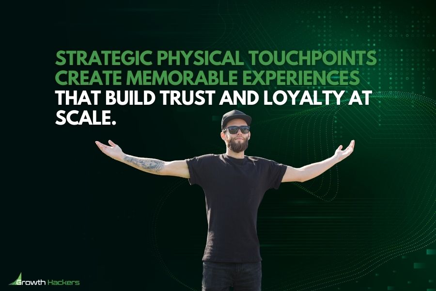 Strategic physical touchpoints create memorable experiences that build trust and loyalty at scale