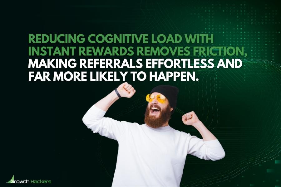 Reducing cognitive load with instant rewards removes friction making referrals effortless and far more likely to happen