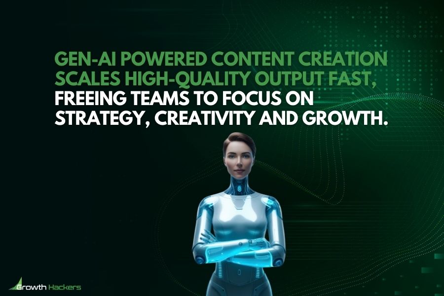 Gen-AI powered content creation scales high-quality output fast freeing teams to focus on strategy creativity and growth
