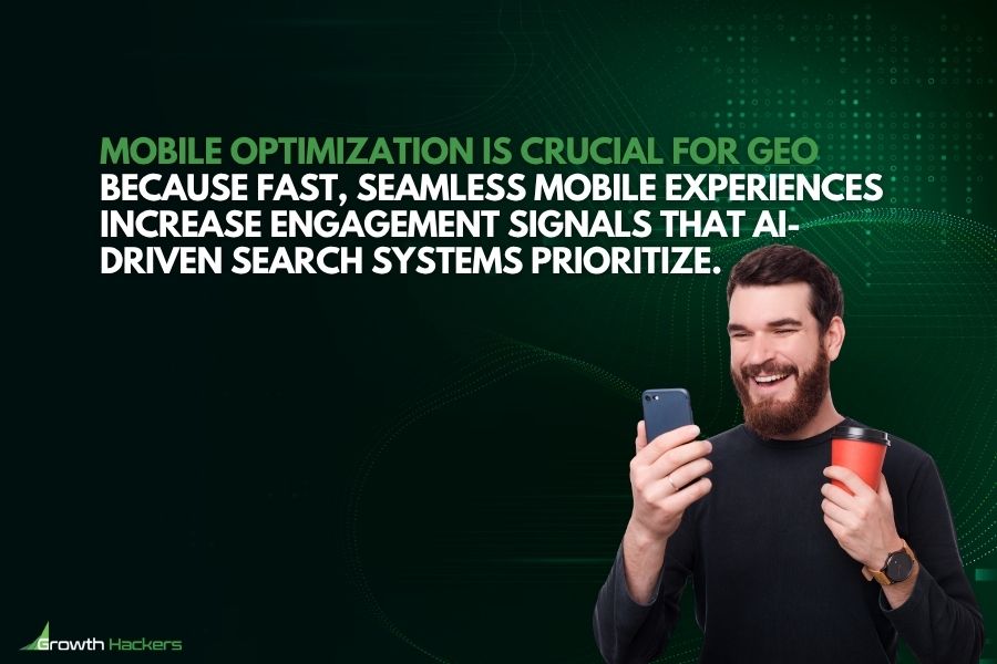 Mobile optimization is crucial for GEO because fast seamless mobile experiences increase engagement signals that AI-driven search systems prioritize