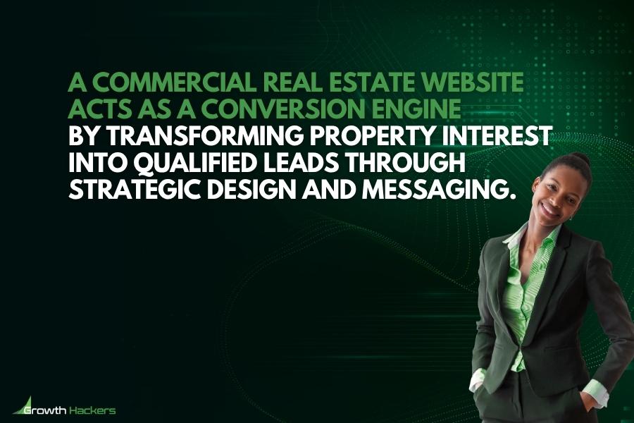 A commercial real estate website acts as a conversion engine by transforming property interest into qualified leads through strategic design and messaging