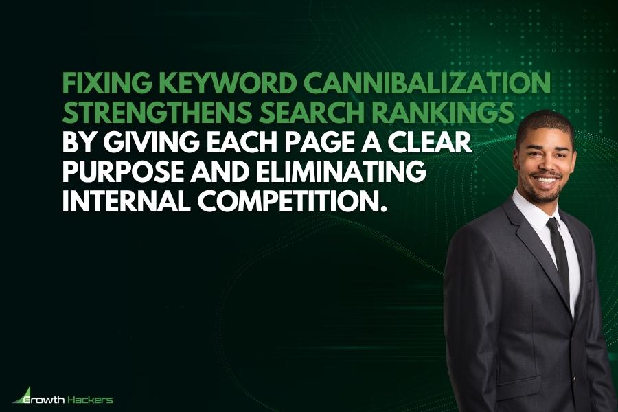 Fixing keyword cannibalization strengthens search rankings by giving each page a clear purpose and eliminating internal competition