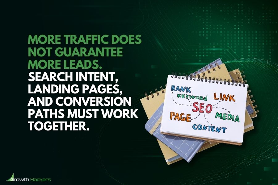More traffic does not guarantee more leads. Search intent, landing pages, and conversion paths must work together