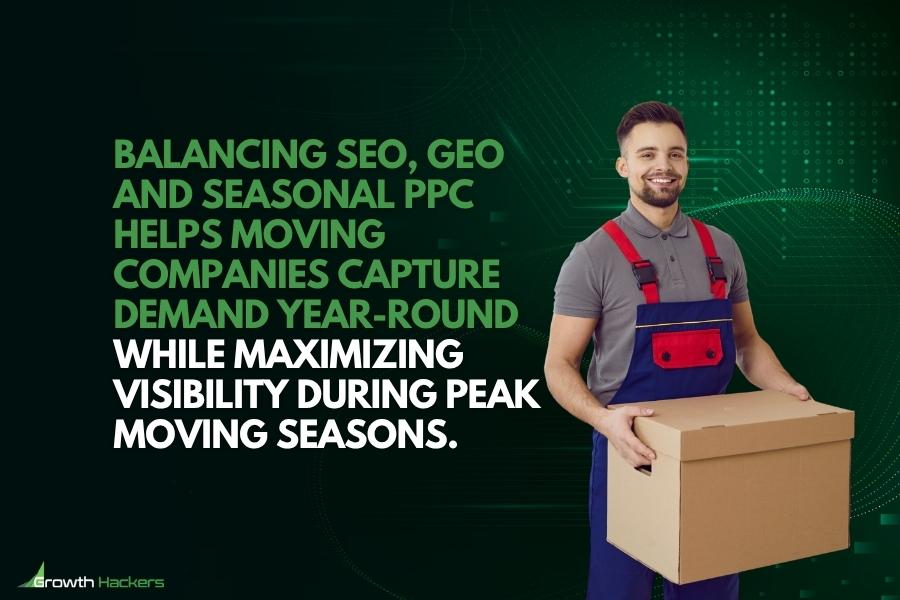 Balancing SEO GEO and seasonal PPC helps moving companies capture demand year-round while maximizing visibility during peak moving seasons