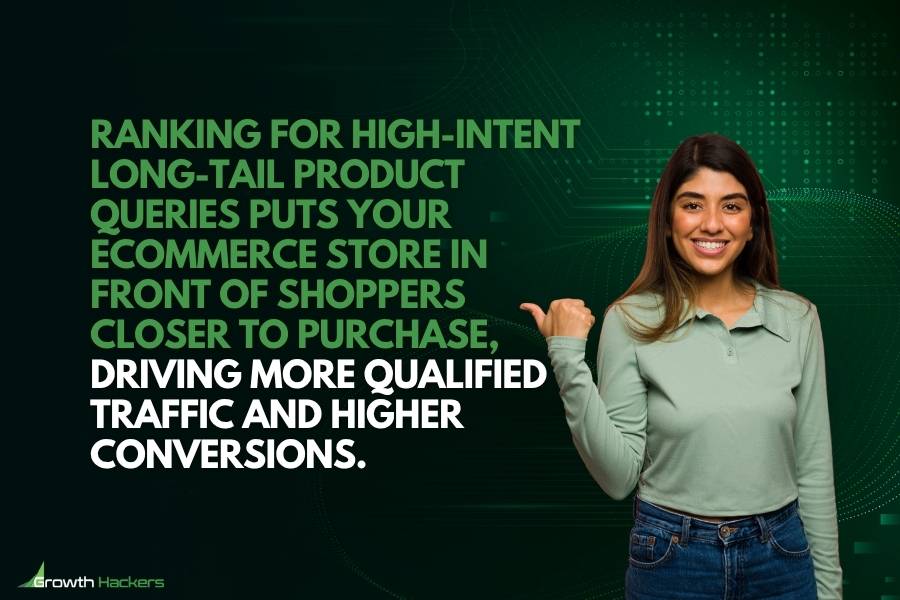 Ranking for high-intent long-tail product queries puts your eCommerce store in front of shoppers closer to purchase driving more qualified traffic and higher conversions